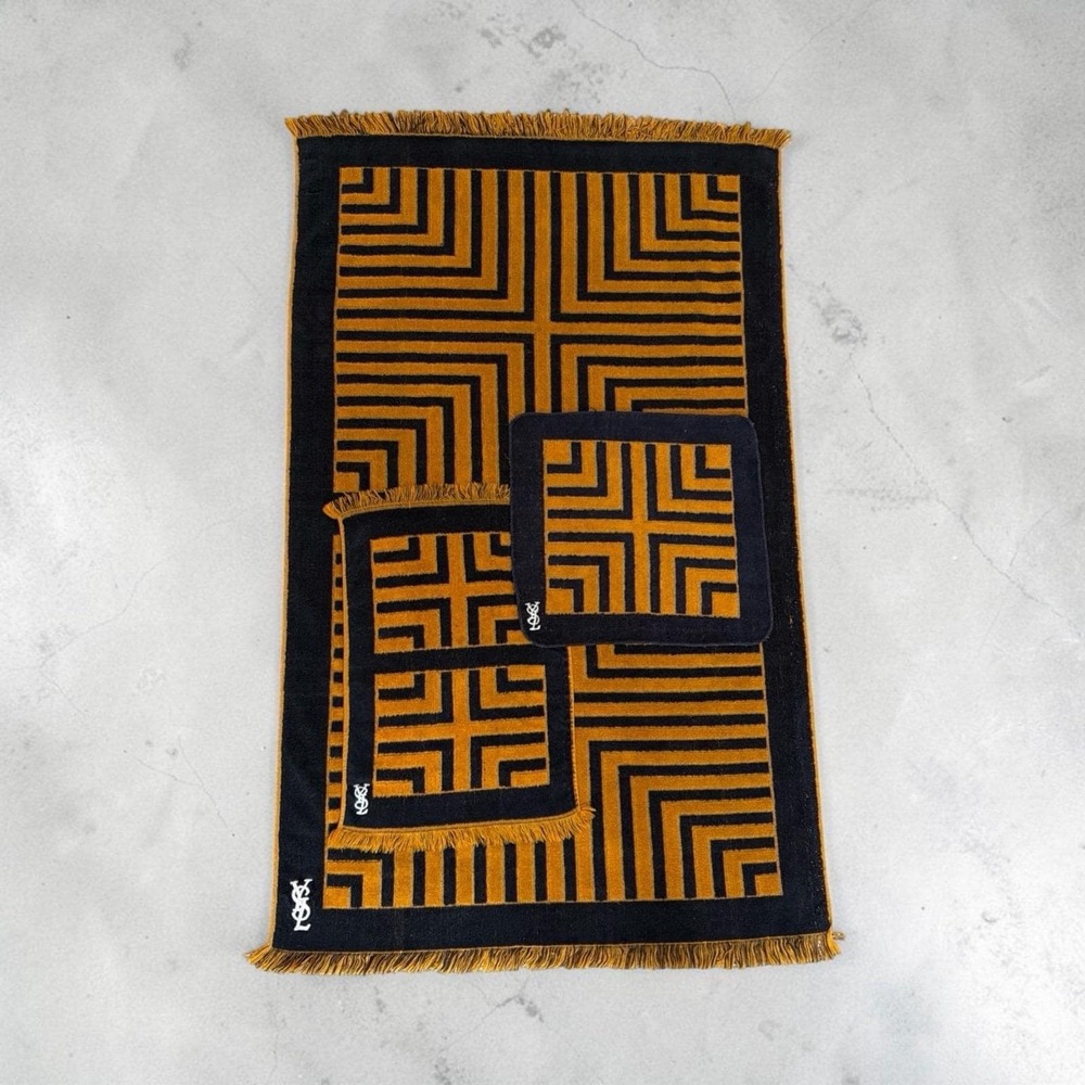Vtg 70s Yves Saint Laurent YSL Navy Gold Fieldcrest Washcloth Bath Towel Set 3